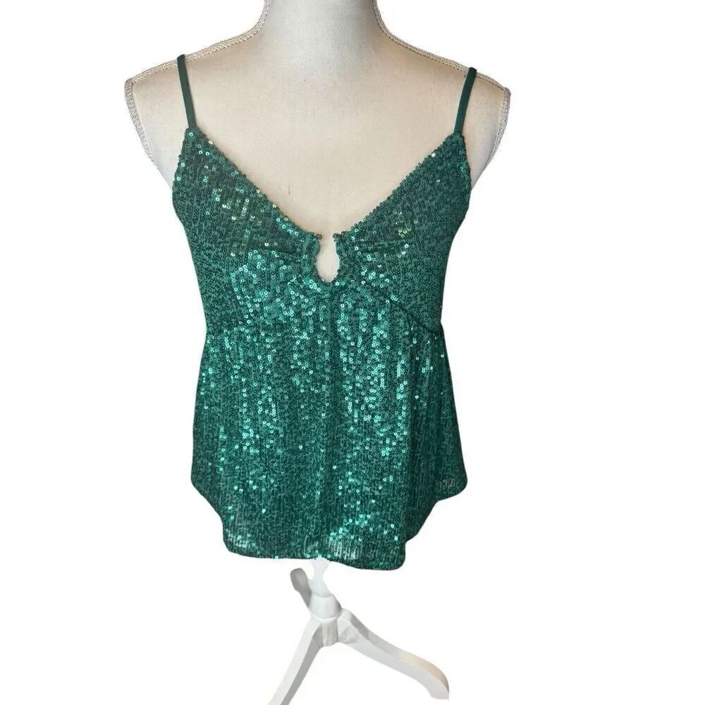 LOVE ON A HANGER U Shaped Keyhole Green Babydoll Sequin Tank Top Women Bling